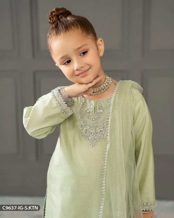 Kids Embroidered Chambray Katan Suit | 9637-IG-S.KTN ShaPosh Textile