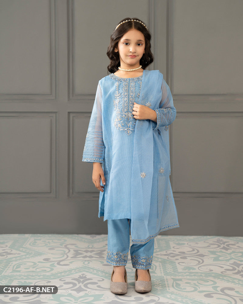 Kids 3 Piece Bori Net Embroidered Suit | 2196-AF-B.NET