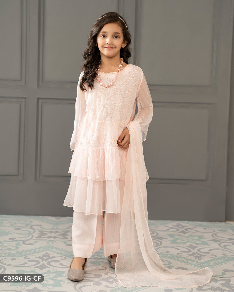 Kids 3 Piece Chiffon Embroidered Frock | 9596-IG-CF