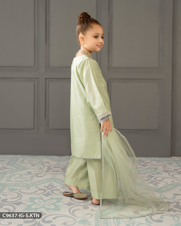 Kids Embroidered Chambray Katan Suit | 9637-IG-S.KTN