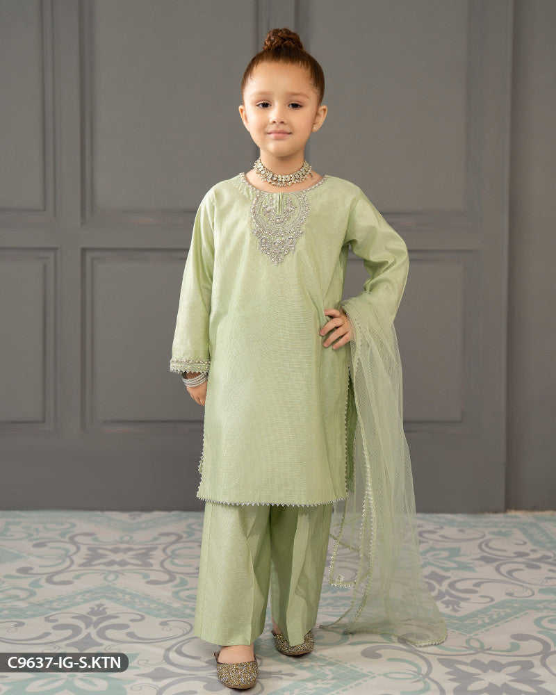 Kids Embroidered Chambray Katan Suit | 9637-IG-S.KTN